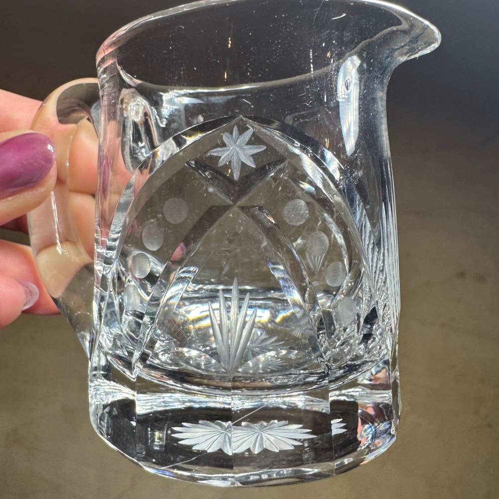 Vtg Clear Cut Glass Crystal Creamer Pitcher Starburst Pattern Small Syrup Jug
